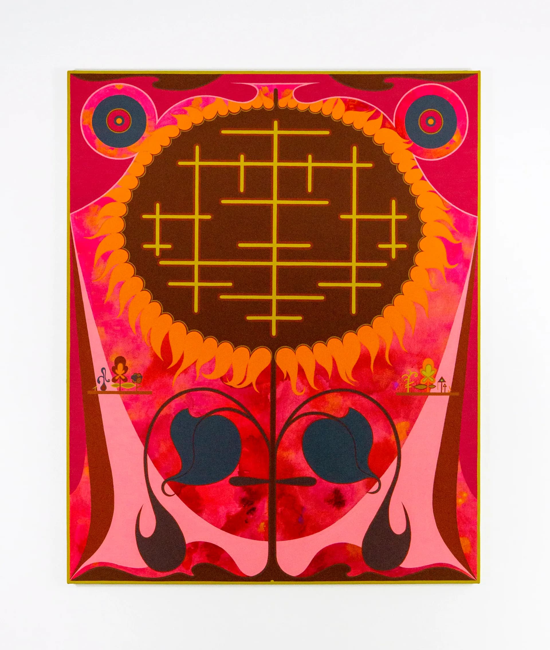 Vibrant symmetrical painting on hot-pink background: large central circle with orange flame border and gold grid pattern, flanked by decorative blue circles and ornate black heart motifs.