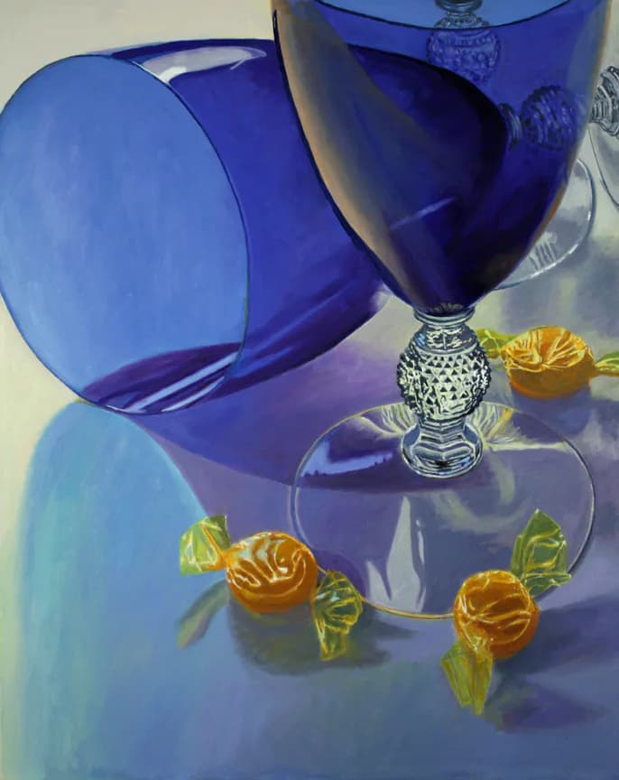 Hyperrealistic still life painting featuring blue glass vessels, golden glass flowers, and reflections on a glossy surface, demonstrating Douglas Newton's mixed-media technique.
