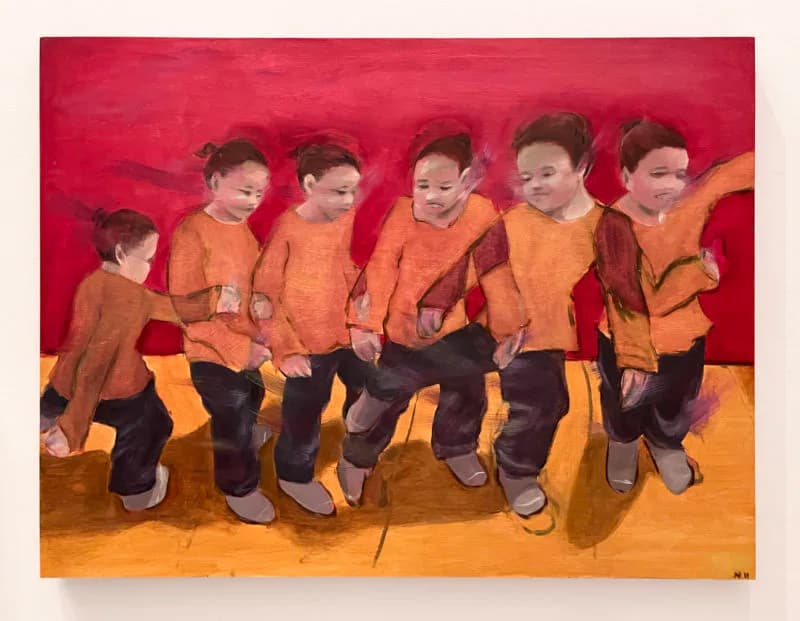 Painting of six young children in orange and brown clothing sitting on a vibrant red and orange background, rendered with warm tones and expressive brushwork.