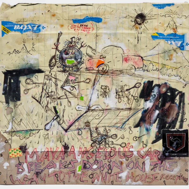 Mixed-media collage on paper with drawings, sketches, text fragments, blue tape, and photographic elements depicting abstract vehicles and layered compositional marks.