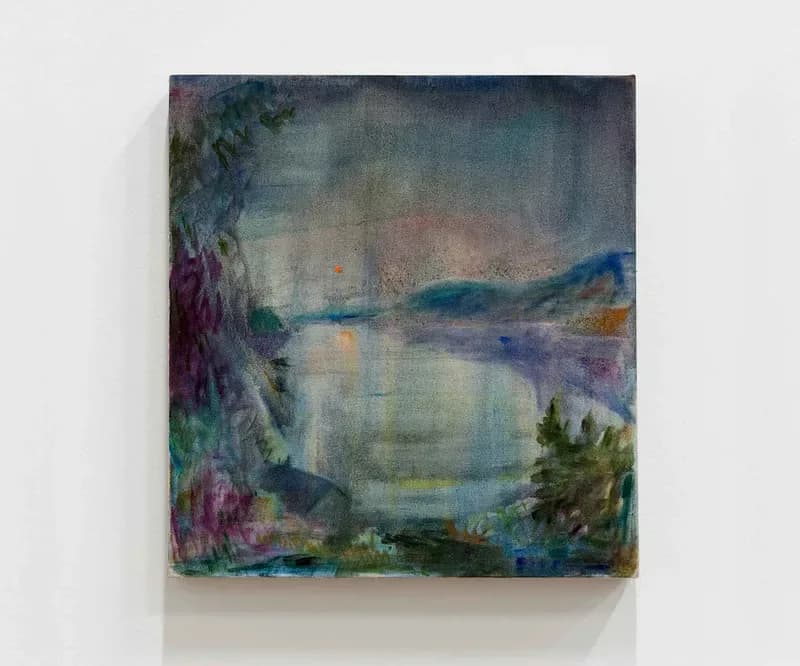 Oil painting on canvas with soft, muted colors depicting a landscape with water, mountains, and vegetation in an abstract impressionistic style.
