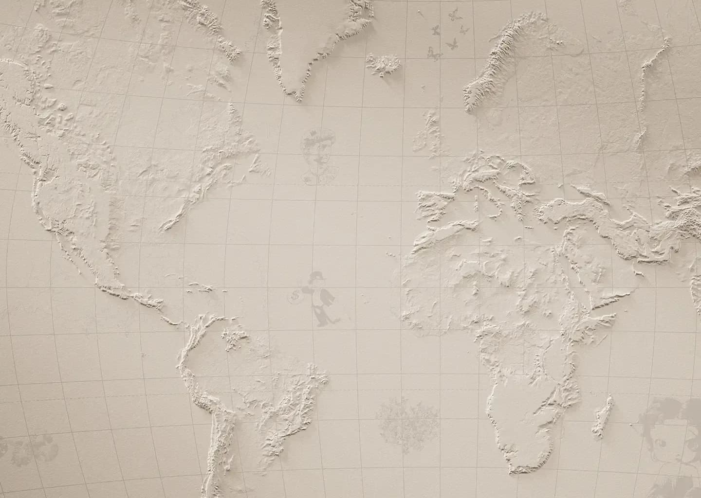 Cream-colored textured relief artwork with embossed world map and continental outlines.