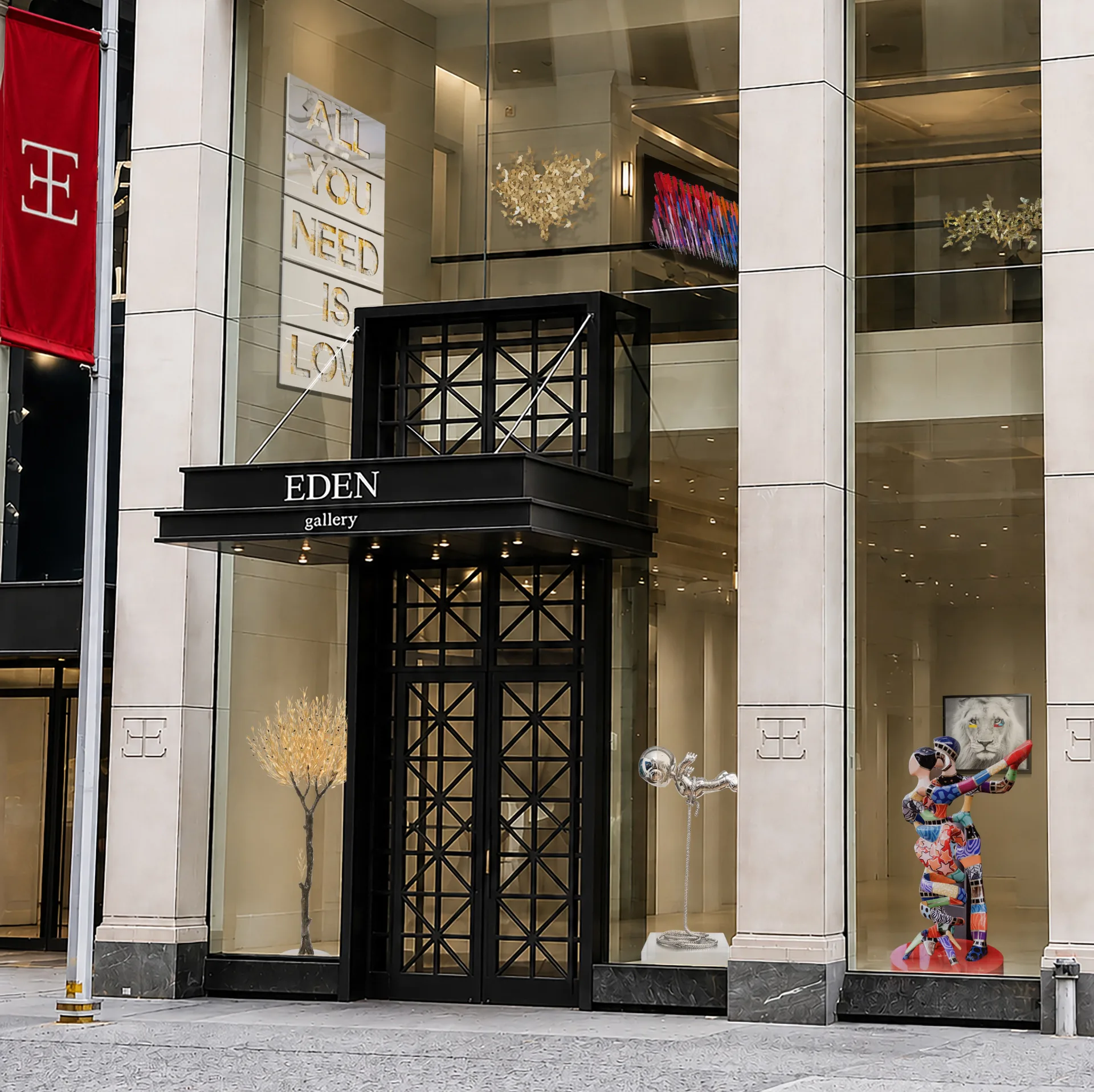 Eden Gallery storefront exterior with black geometric gates, gold sculptural installation visible inside, colorful pop-art figure in window.