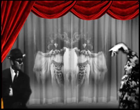 Black and white theatrical scene with red velvet curtain frame, mirrored dancing figures in center, and two figures in formal attire on sides.