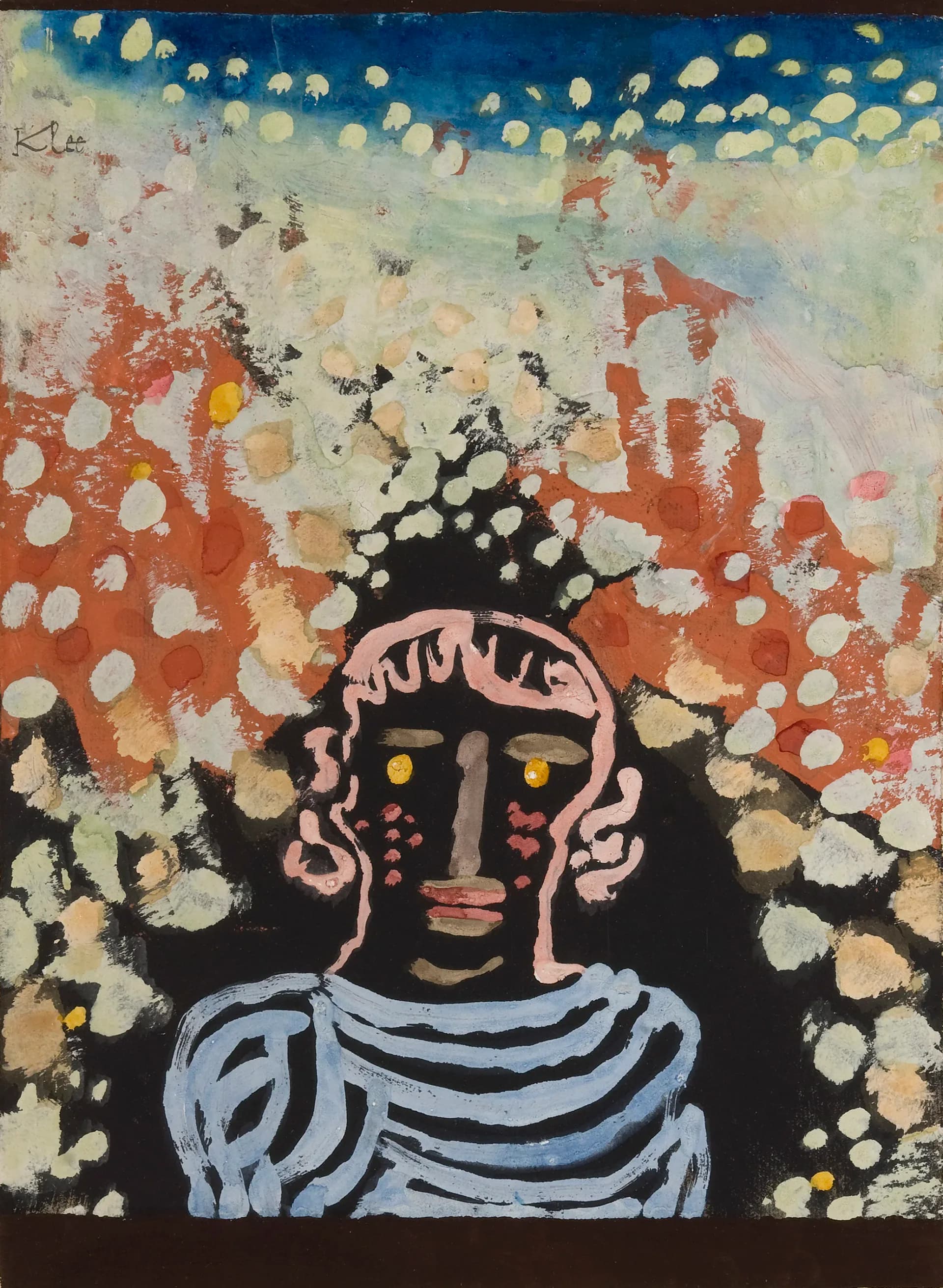 Mixed-media painting featuring stylized face with yellow eyes and pink lips, surrounded by white circular forms and red patterned background.
