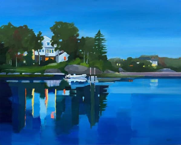 Acrylic painting of a waterfront house with white colonial architecture, surrounded by green trees, reflected in calm blue water with a moored boat.