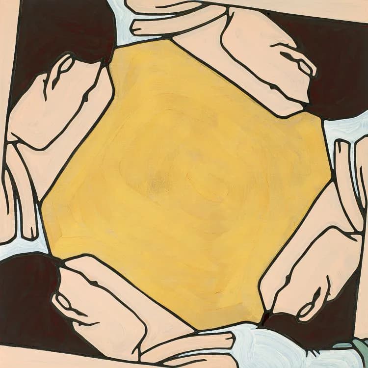 Line-drawn illustration of multiple hands holding a large yellow circle against brown and tan background.
