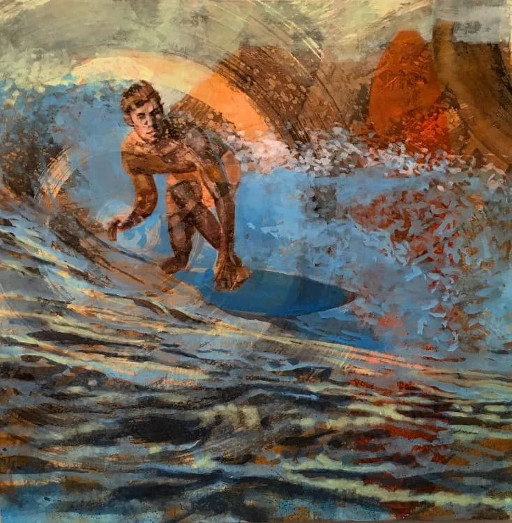 Mixed-media collage depicting a figure surfing on a wave, combining torn paper, rust tones, and layered blue and orange pigments.