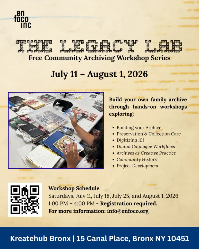 Cream-colored workshop flyer for 'The Legacy Lab' community archiving series (July 11–August 1, 2026) featuring hands-on photograph of archival work and bulleted workshop topics.