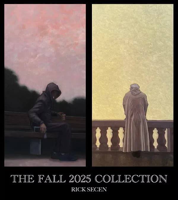 Diptych artwork: left panel shows a figure in dark jacket on a bench against pink sky; right panel depicts a robed figure facing a pale yellow wall with white balustrade.