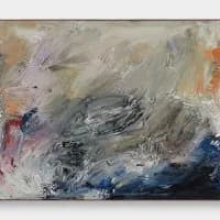 Abstract mixed-media painting with gestural brushstrokes in blue, gray, and coral tones suggesting landscape or atmospheric forms.