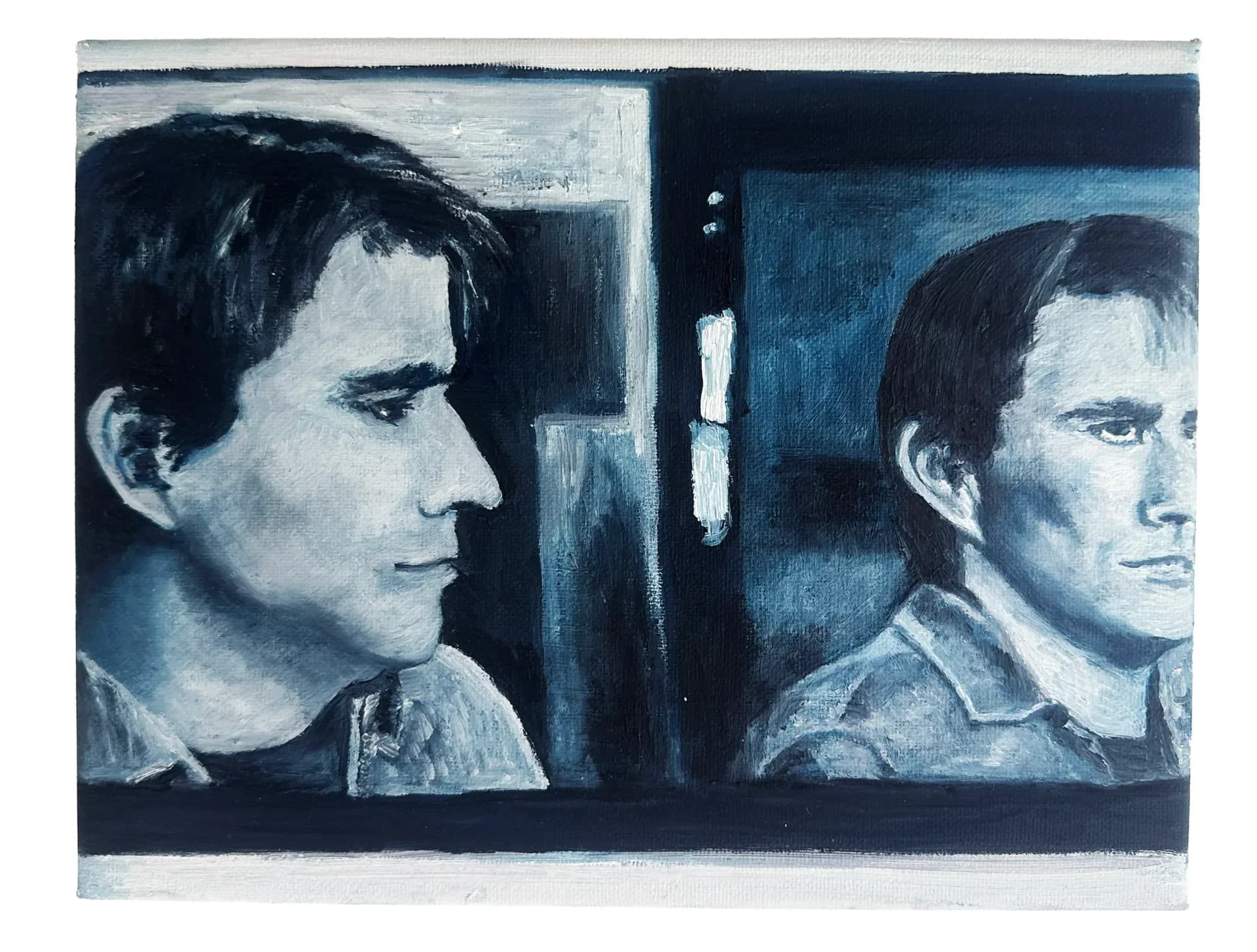 Blue-toned etching or print showing two male profile portraits facing opposite directions separated by a vertical line, rendered in monochromatic navy and white.