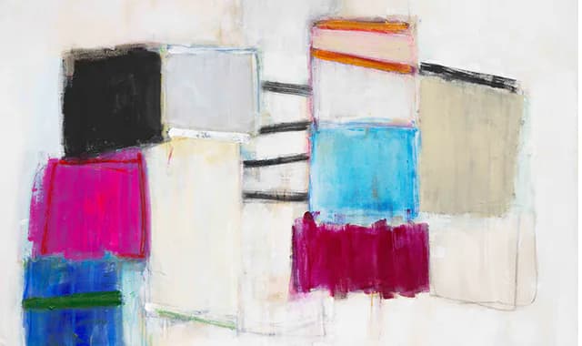 Abstract mixed-media composition with rectangular blocks of vibrant colors including magenta, blue, black, and cream arranged against a white background.
