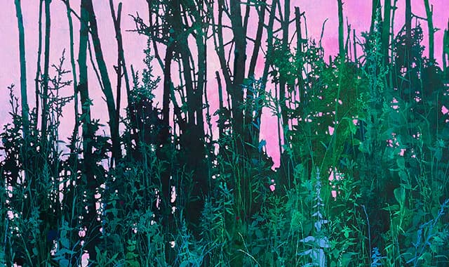 Tall grasses and vegetation rendered in deep greens and teals against a bright pink sky in an abstract painted style.