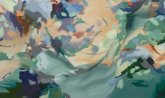 Abstract painted composition with swirling brushstrokes in blues, greens, oranges, and grays suggesting figures or landscape forms.