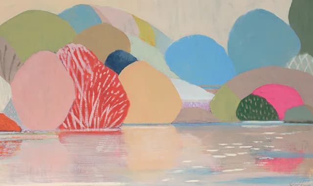 Minimalist landscape painting featuring large pastel circles in blue, pink, and green reflected in still water with coral-red accents.
