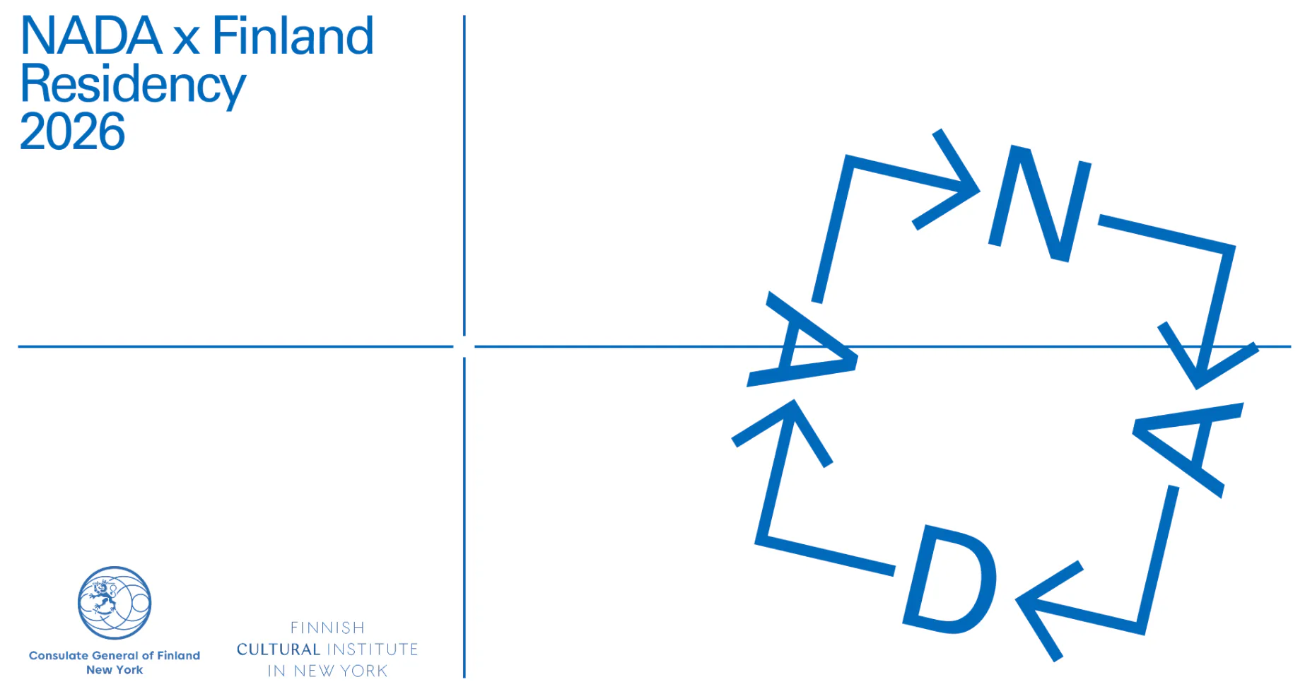 NADA x Finland Residency 2026 poster with blue geometric arrows forming letters N, D, A in a circular pattern.