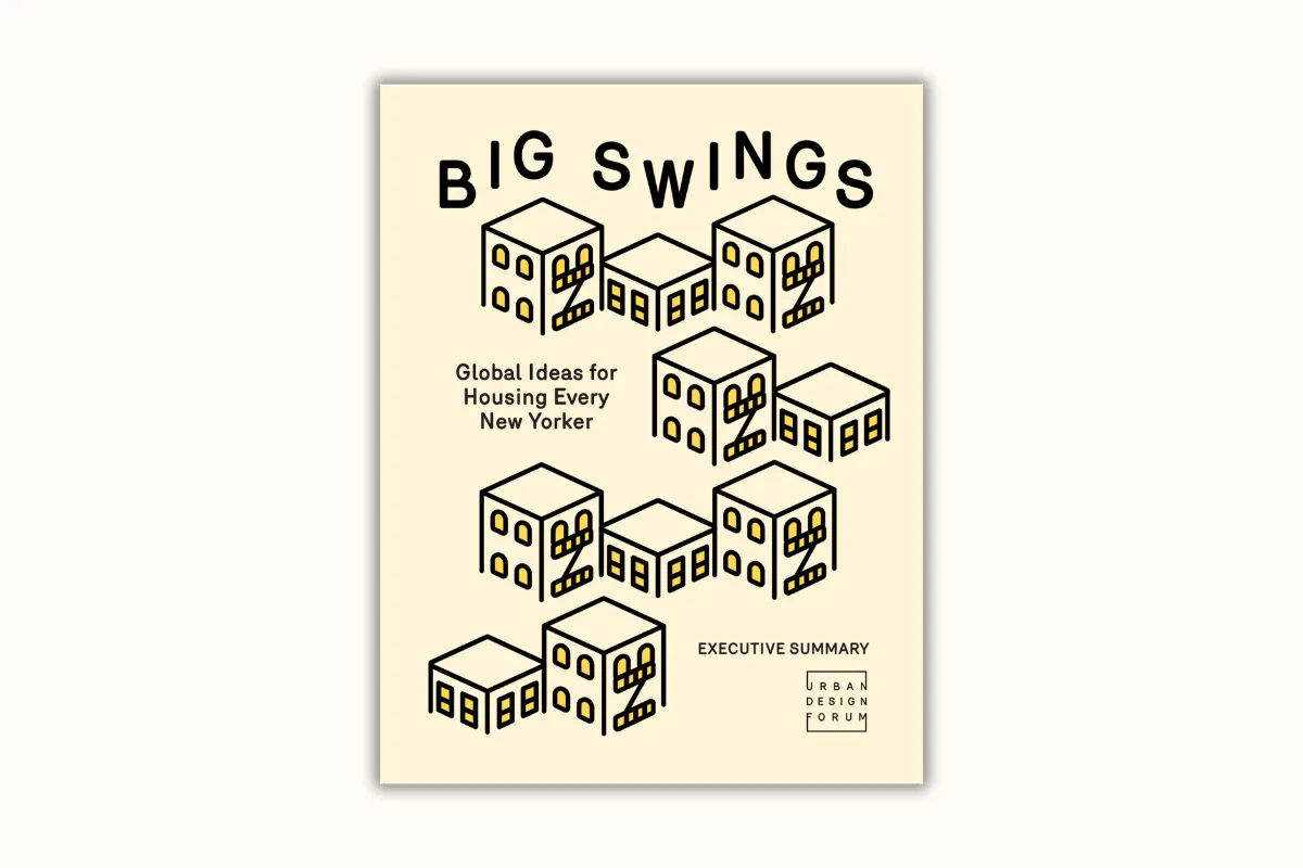 Cream-colored poster titled "Big Swings" featuring isometric line-drawn buildings and subtitle "Global Ideas for Housing Every New Yorker."