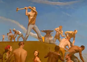 Golden-toned figurative painting depicting multiple nude male figures in dynamic poses against a landscape background.