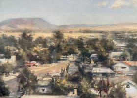 Landscape painting of an aerial valley view with scattered houses, trees, and mountains under a soft blue sky.