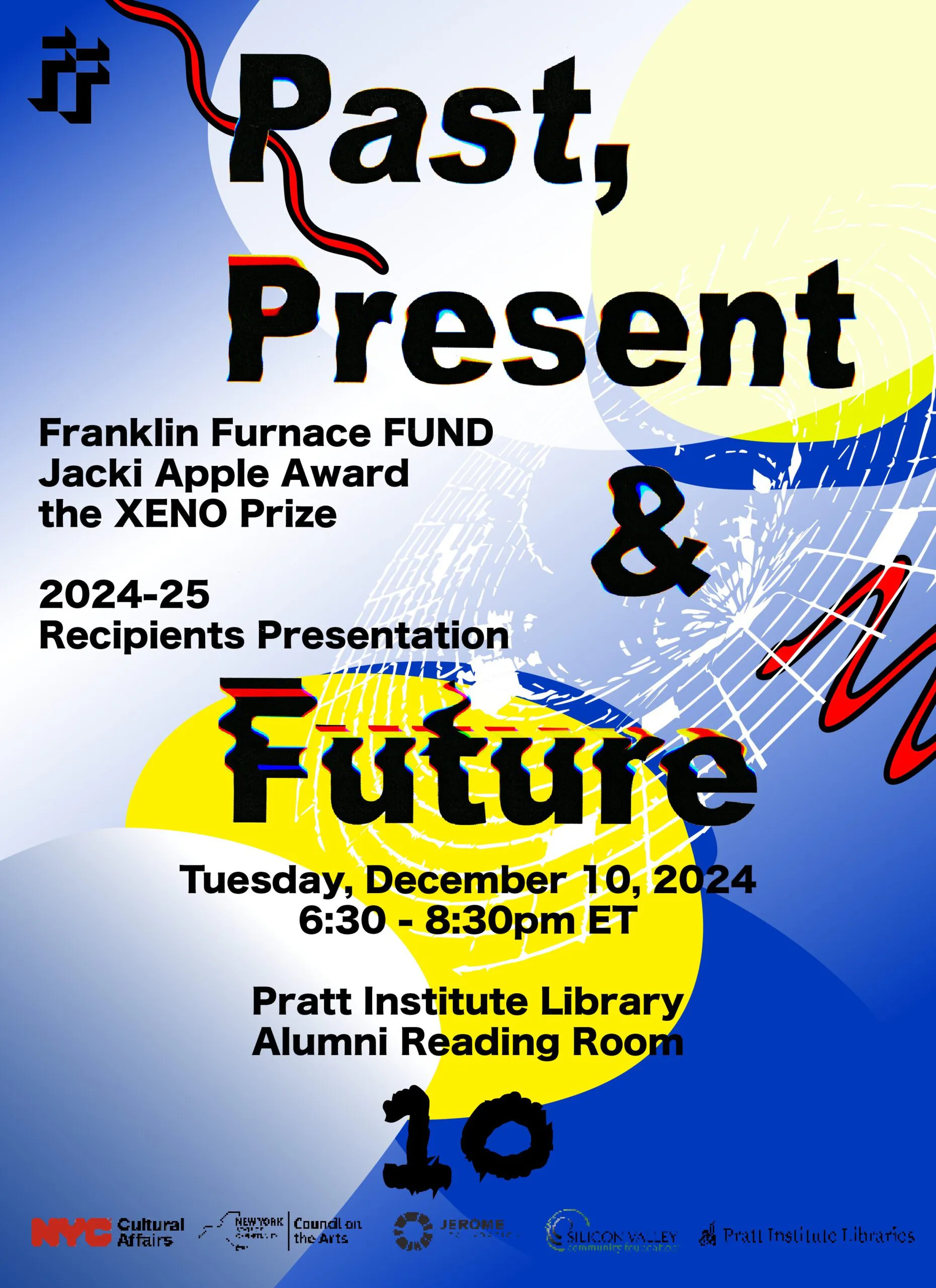 Event poster for Franklin Furnace FUND Jackie Appel Award and XENO Prize recipients presentation on December 10, 2024 at Pratt Institute Library.