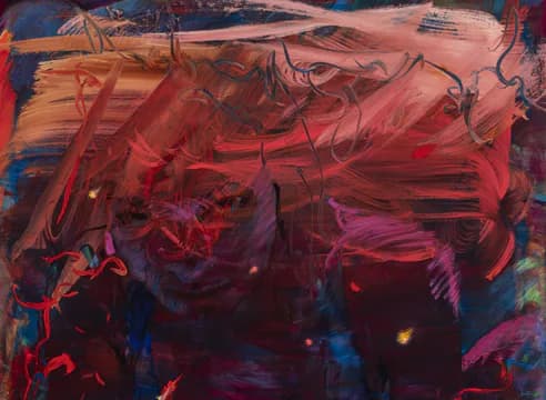 Abstract mixed-media painting with gestural red, orange, and magenta brushstrokes over blue and dark purple tones.
