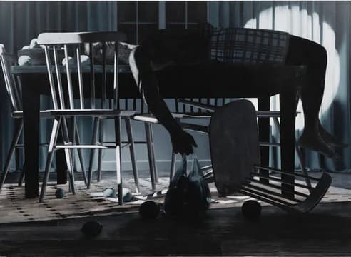Black and white photograph or mixed-media artwork showing silhouetted figure leaning over wooden furniture with dramatic window light creating geometric shadows.