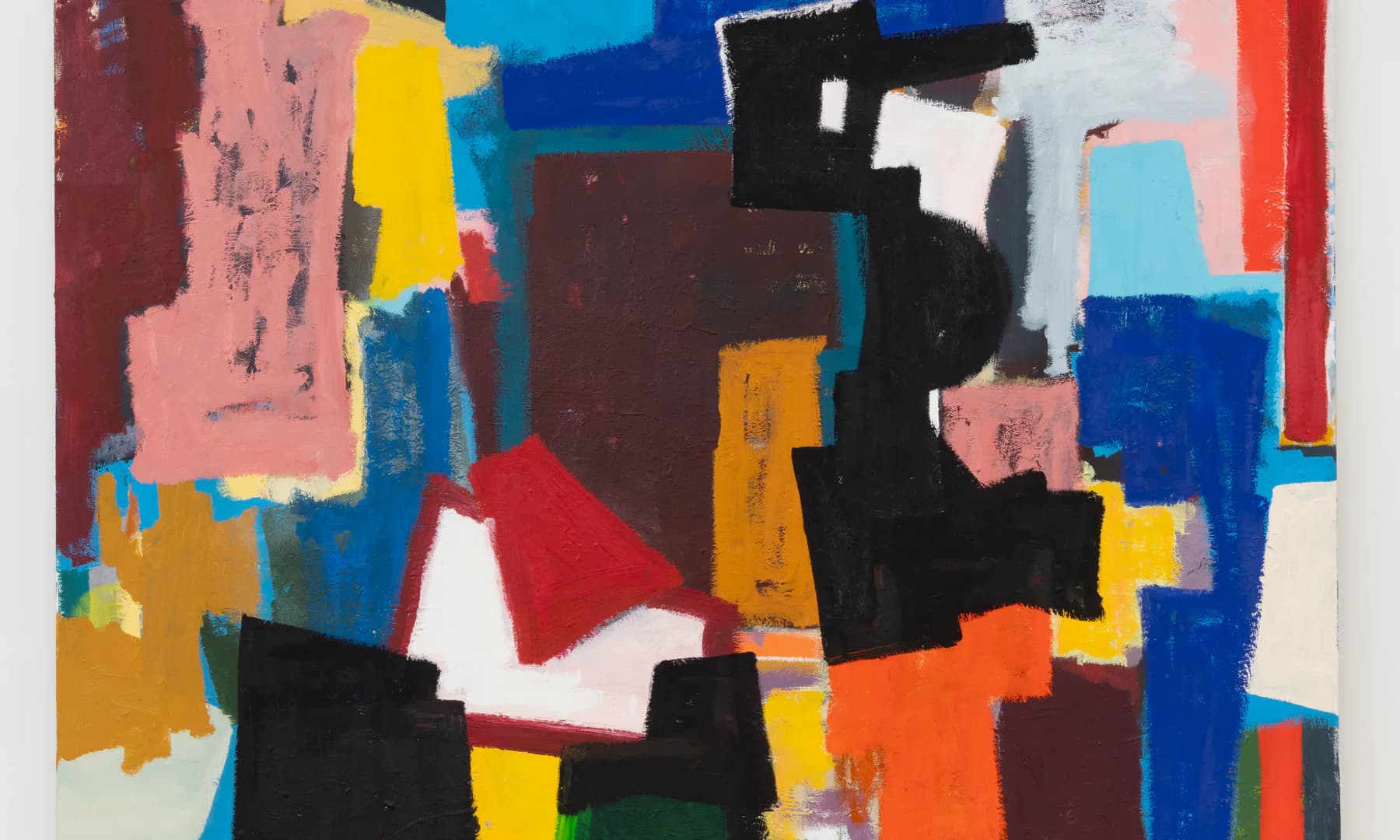 Abstract painting with overlapping bold rectangular shapes in red, blue, yellow, black, white, and earth tones arranged in a dynamic composition.
