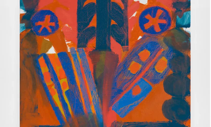 Abstract mixed-media artwork dominated by warm orange tones with geometric patterns in blue stripes, circles, and organic shapes layered throughout.