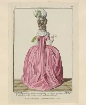 Eighteenth-century hand-colored engraving of a woman in pink draped gown with elaborate upswept hair and feathered hat, standing pose.