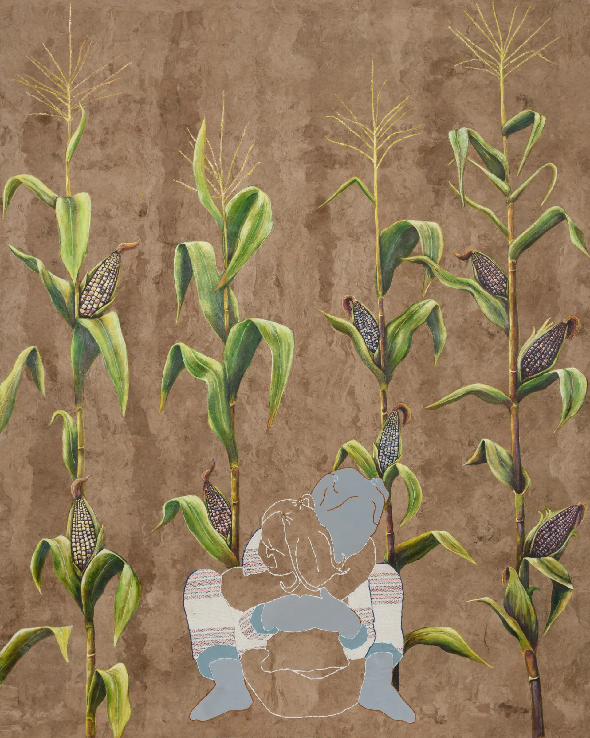 Mixed-media artwork featuring stylized corn stalks with green leaves and purple kernels on tan background, with blue figure seated below.