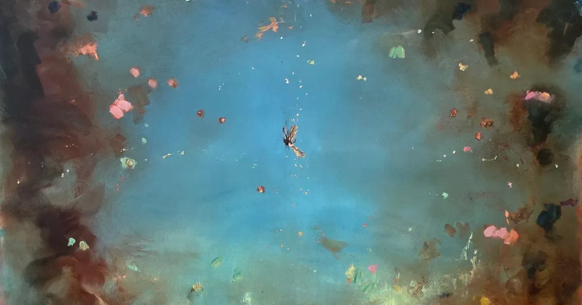 Abstract mixed-media painting with floating fragments and atmospheric blues, oranges, and earth tones against a luminous central void.