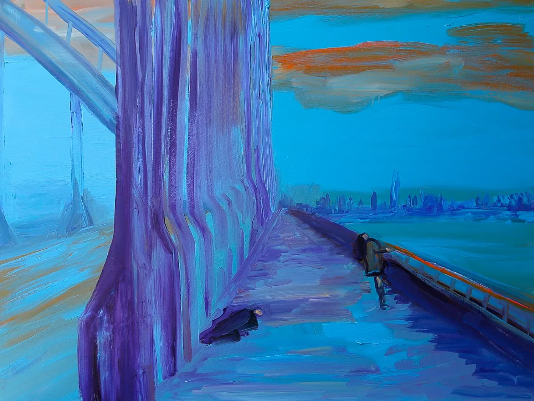 Expressionist painting depicting a figure on a purple-hued dock or pier overlooking a blue waterscape with distant city skyline.