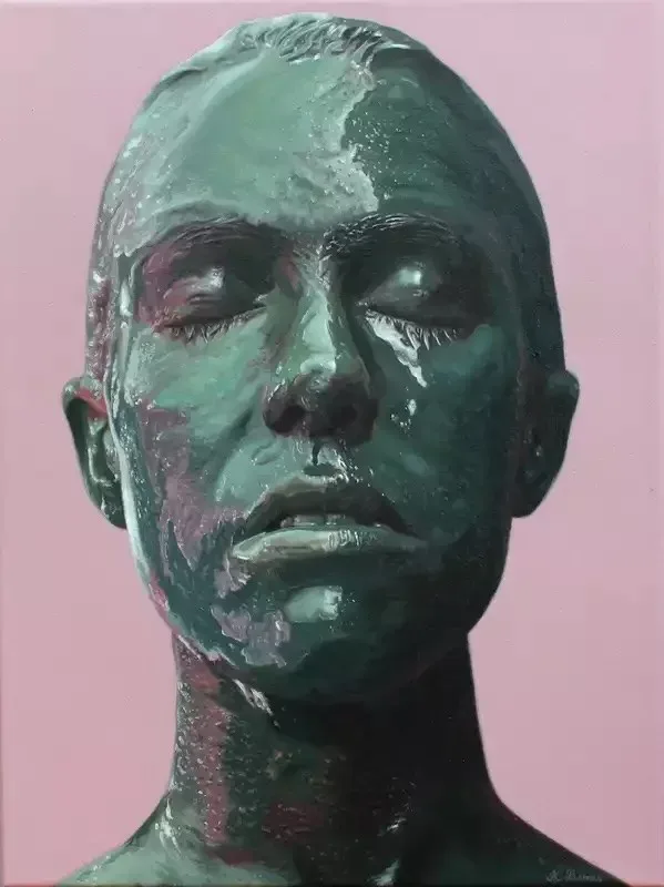 Sculpture or sculptural photograph of a human head with patinated green surface against pink background, eyes closed in contemplative pose.