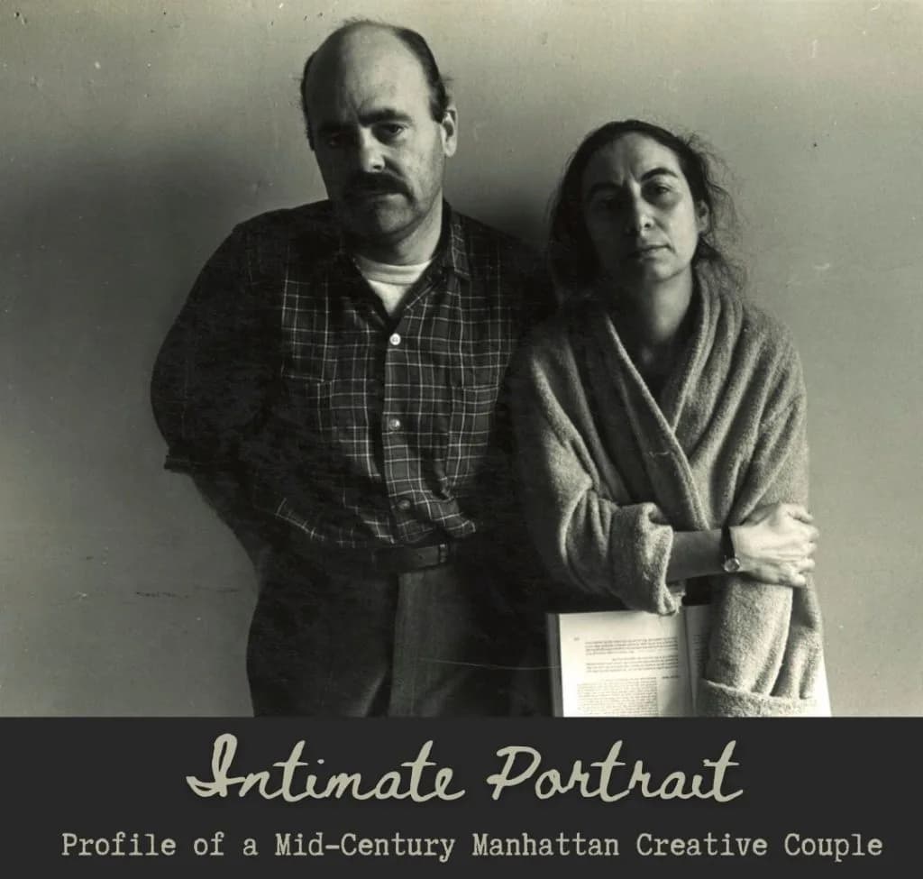 Black and white portrait photograph of two people in mid-century style clothing, titled 'Intimate Portrait: Profile of a Mid-Century Manhattan Creative Couple.'