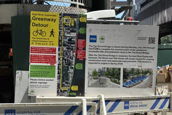 Construction signage for F41 Street Bridge project with yellow and red informational panels, photographs of site conditions, and text describing upcoming improvements.