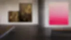 Gallery interior with paintings displayed on white walls, including a vibrant pink-to-black gradient piece.