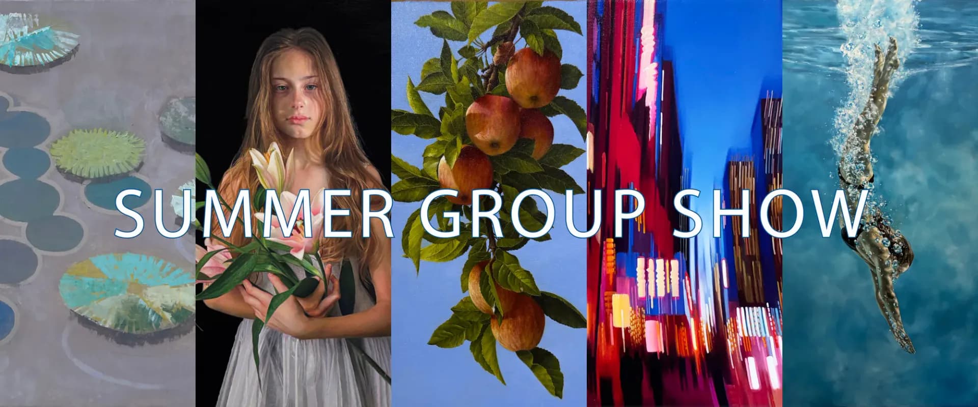Promotional collage with "SUMMER GROUP SHOW" text overlaid on six image panels including portrait, fruit, architecture, and water imagery.