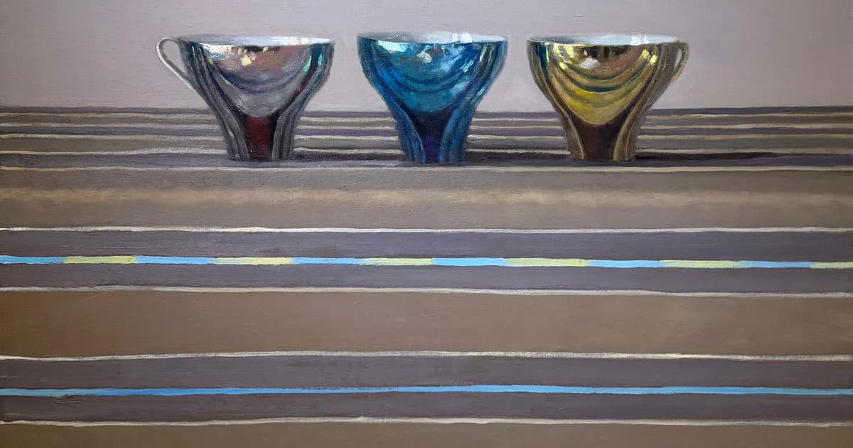 Three translucent glass vessels in red, blue, and yellow displayed on horizontal striped wooden shelves with thin colored line details.