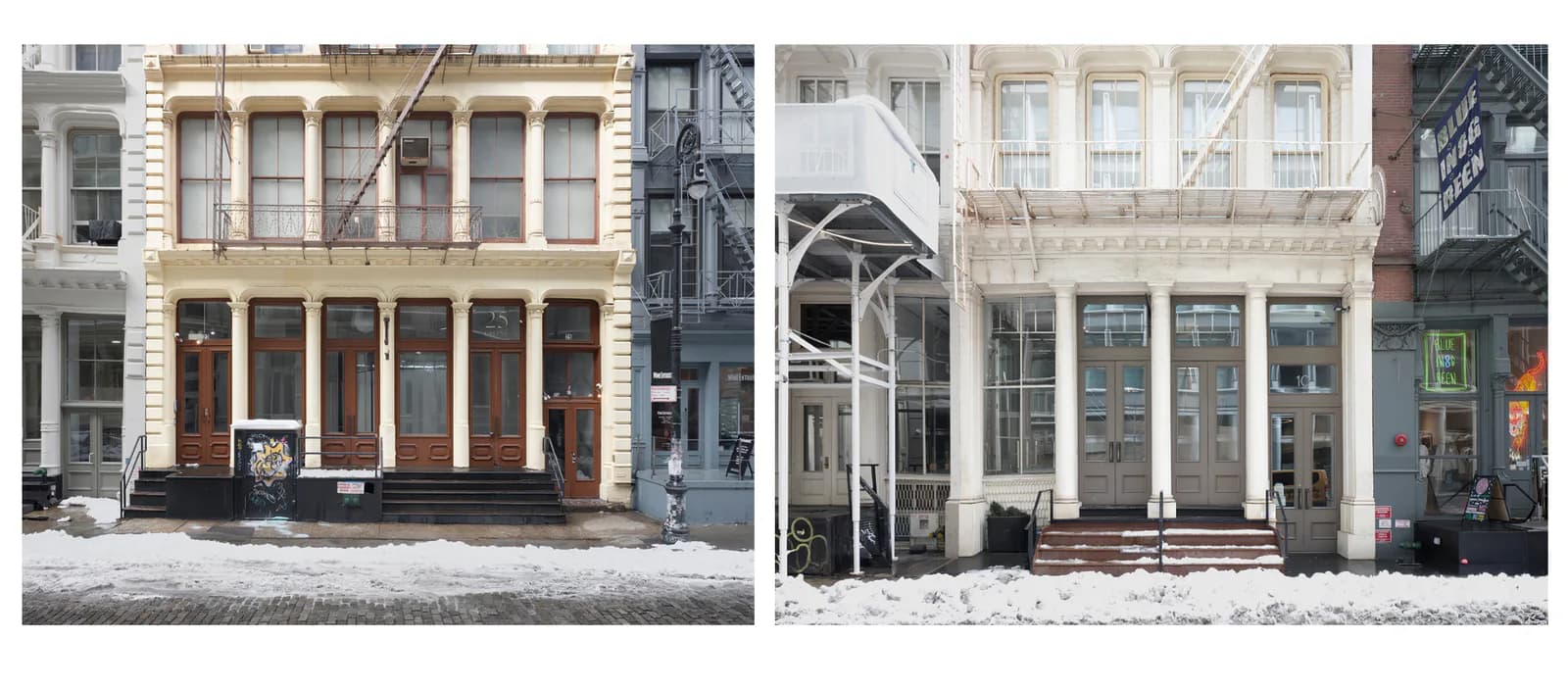 Two photographs of gallery storefronts with large windows and classical architectural details on urban streets.