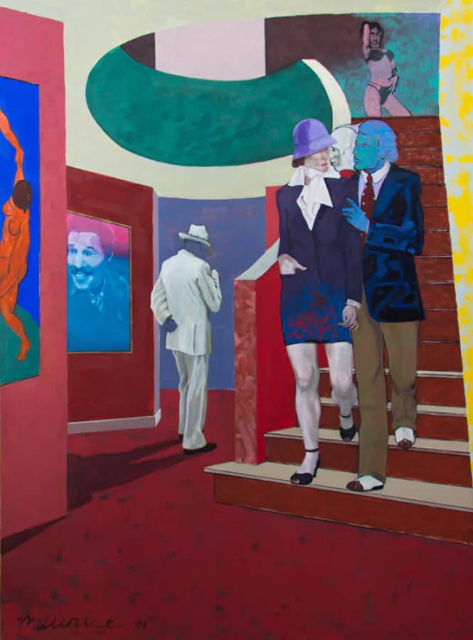 Pop art-style painting depicting stylized figures in an interior space with bold geometric shapes in bright pinks, teals, and reds.
