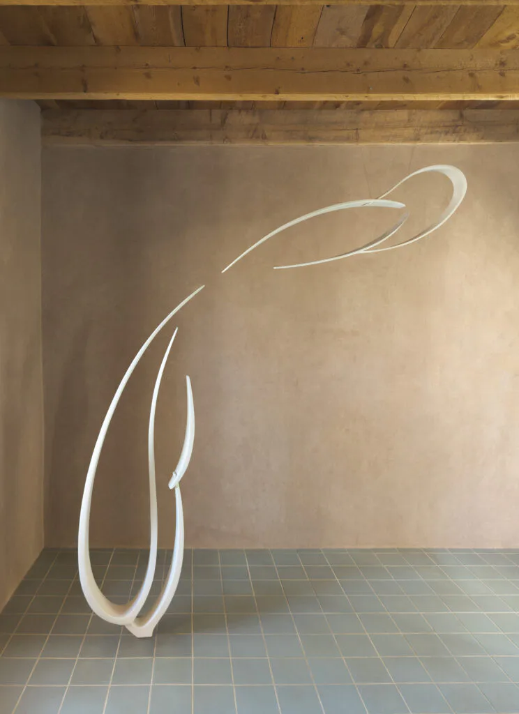 Modern white neon line sculpture in an abstract curved form installed in a minimalist concrete gallery space with wooden ceiling.