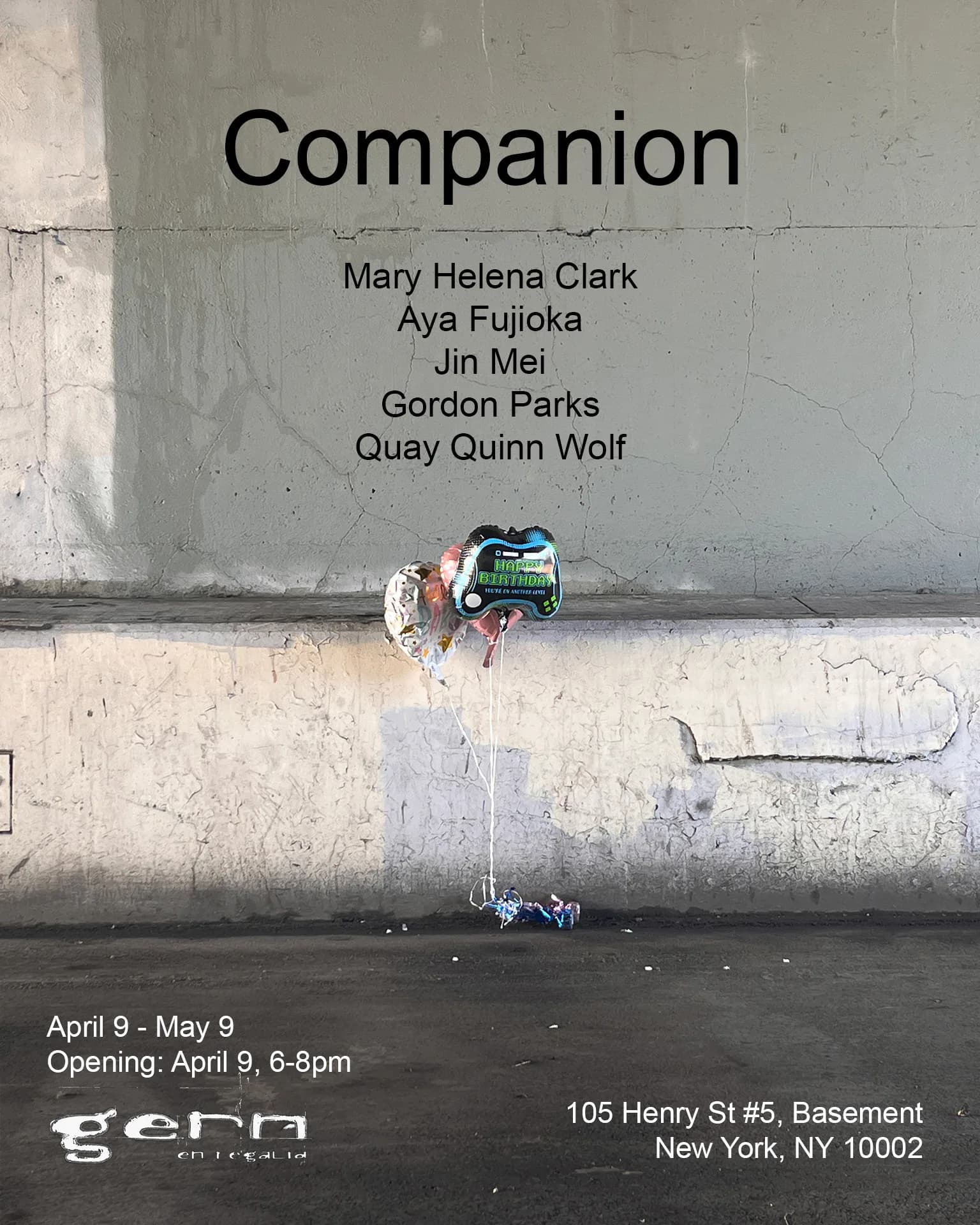 Exhibition poster for "Companion" at Gern en Regalia featuring five artists: Mary Helena Clark, Aya Fujioka, Jin Mei, Gordon Parks, and Quay Quinn Wolf. Shows April 9-May 9 dates with April 9 opening at 6-8pm. Overhead photograph of objects on concrete ledge above water.