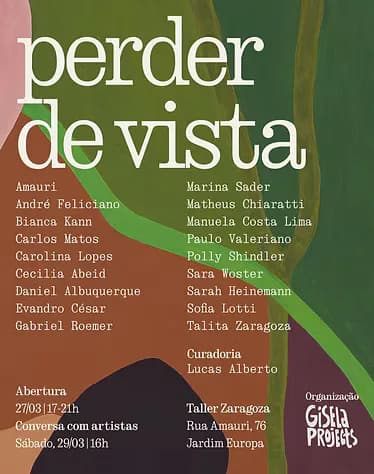 Exhibition flyer for 'perder de vista' with artist names, green and brown color palette, and Gisela Projects branding with event details.