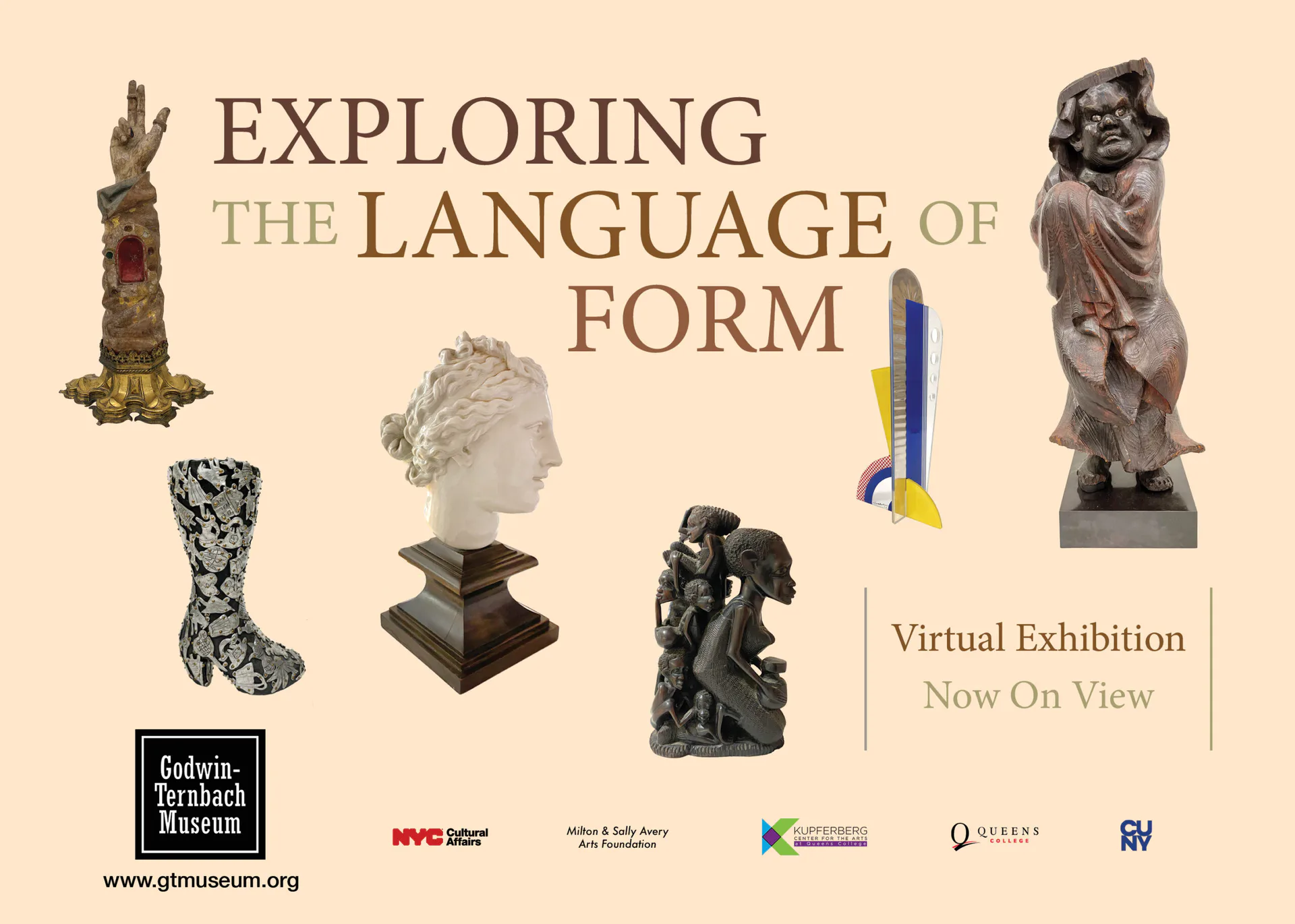 Virtual exhibition announcement "Exploring the Language of Form" from Godwin Ternbach Museum, displaying six sculptural objects including busts, figurines, and decorative vessels.