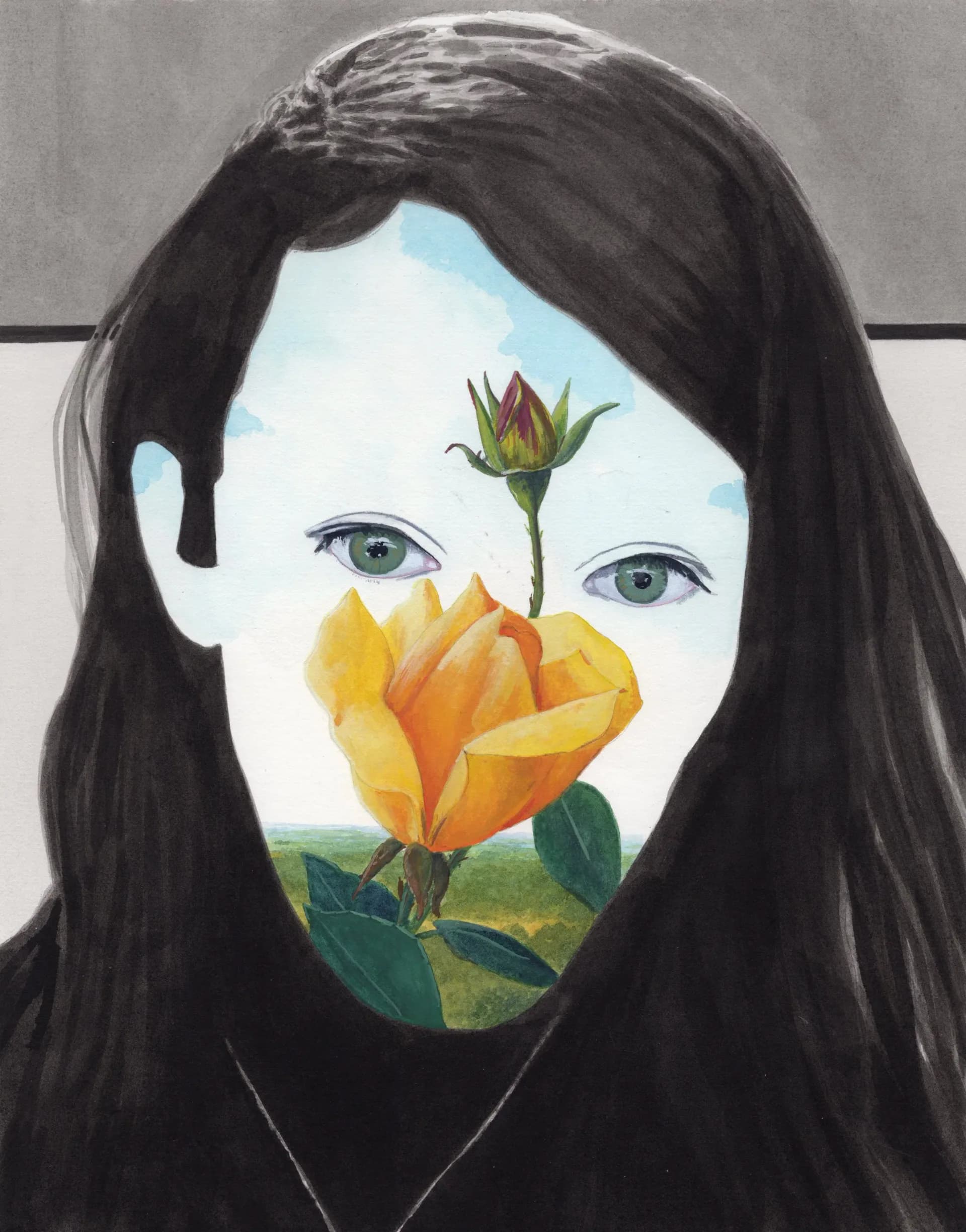 Portrait painting with black hair and gray background; face is partially replaced by an illustration of a yellow and orange rose with green leaves and bud.