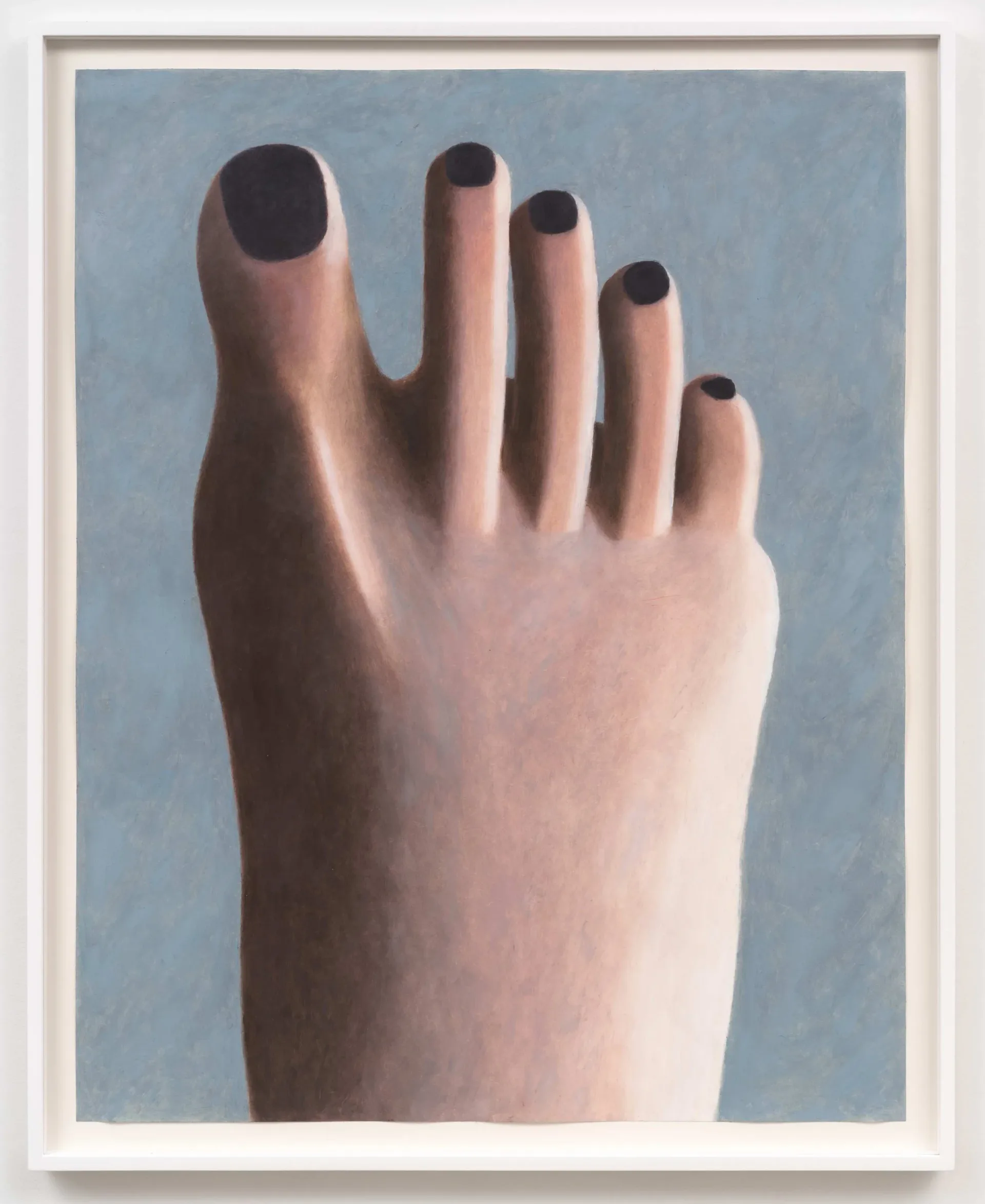 Realistic painting of an open hand against a light blue background, with dark-painted fingernails.