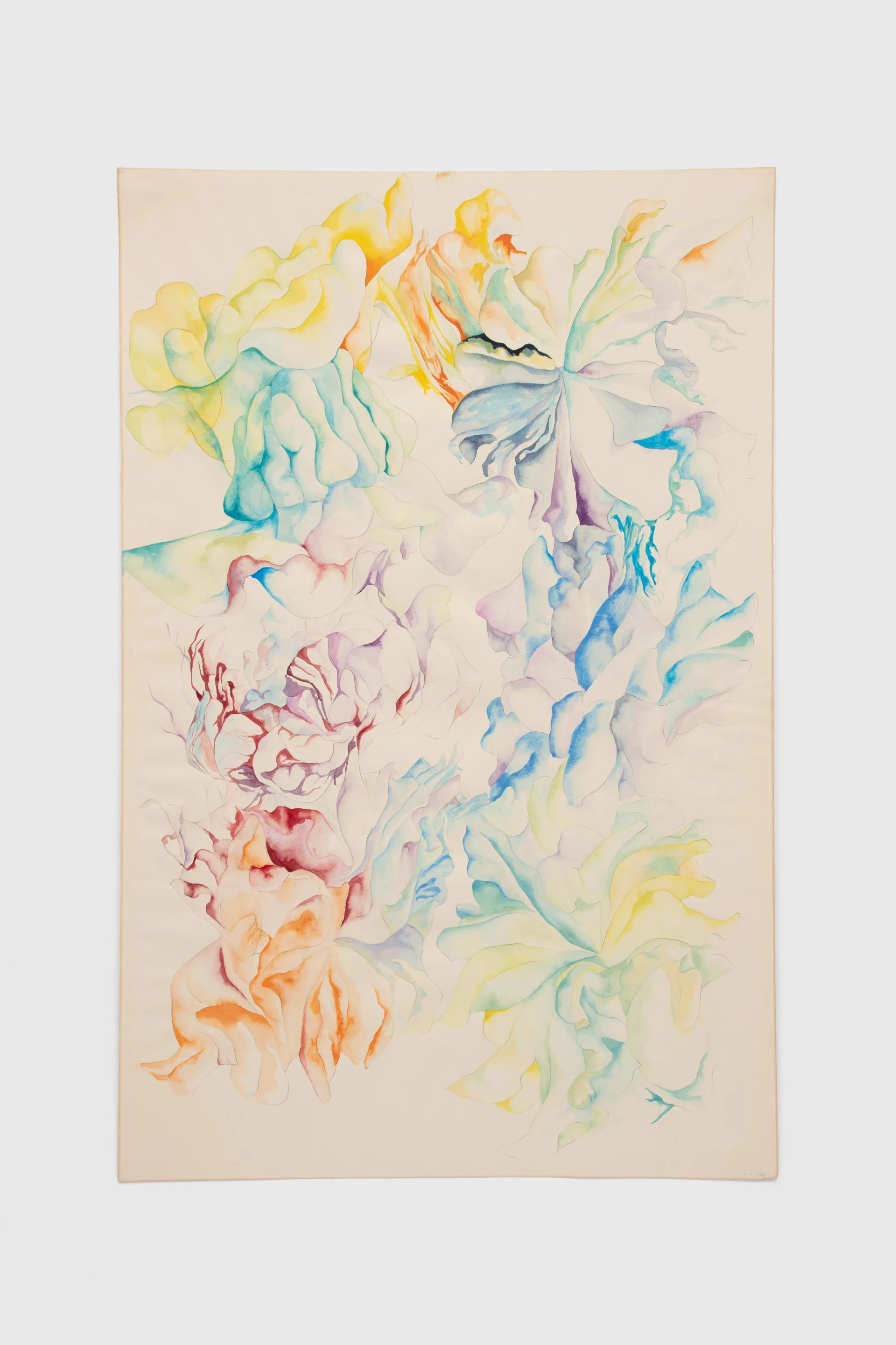 Watercolor on cream paper featuring abstract organic forms in yellow, teal, pink, and blue with flowing, gestural marks throughout the composition.