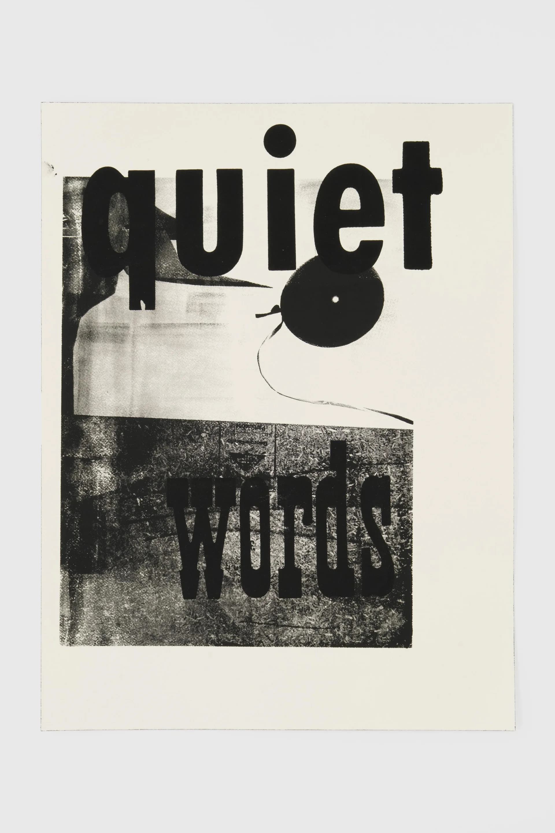 Black and white mixed-media piece combining typography reading 'quiet' and 'wound' with a minimalist line drawing of a mouse or rat.
