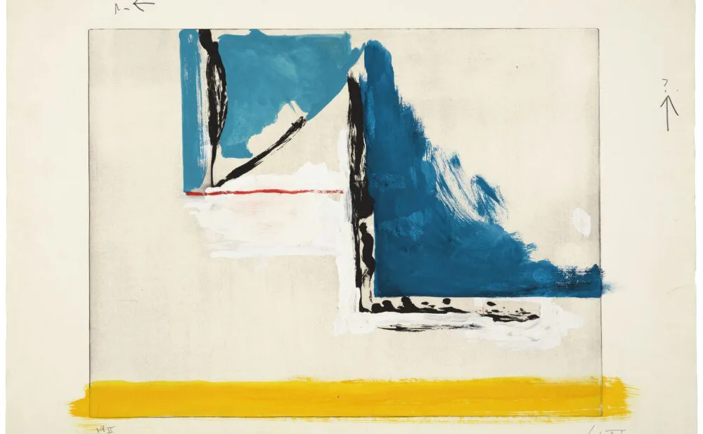 Mixed-media collage combining photograph fragments of a blue mountain landscape with black painted marks and a bold yellow horizontal stripe on cream paper.